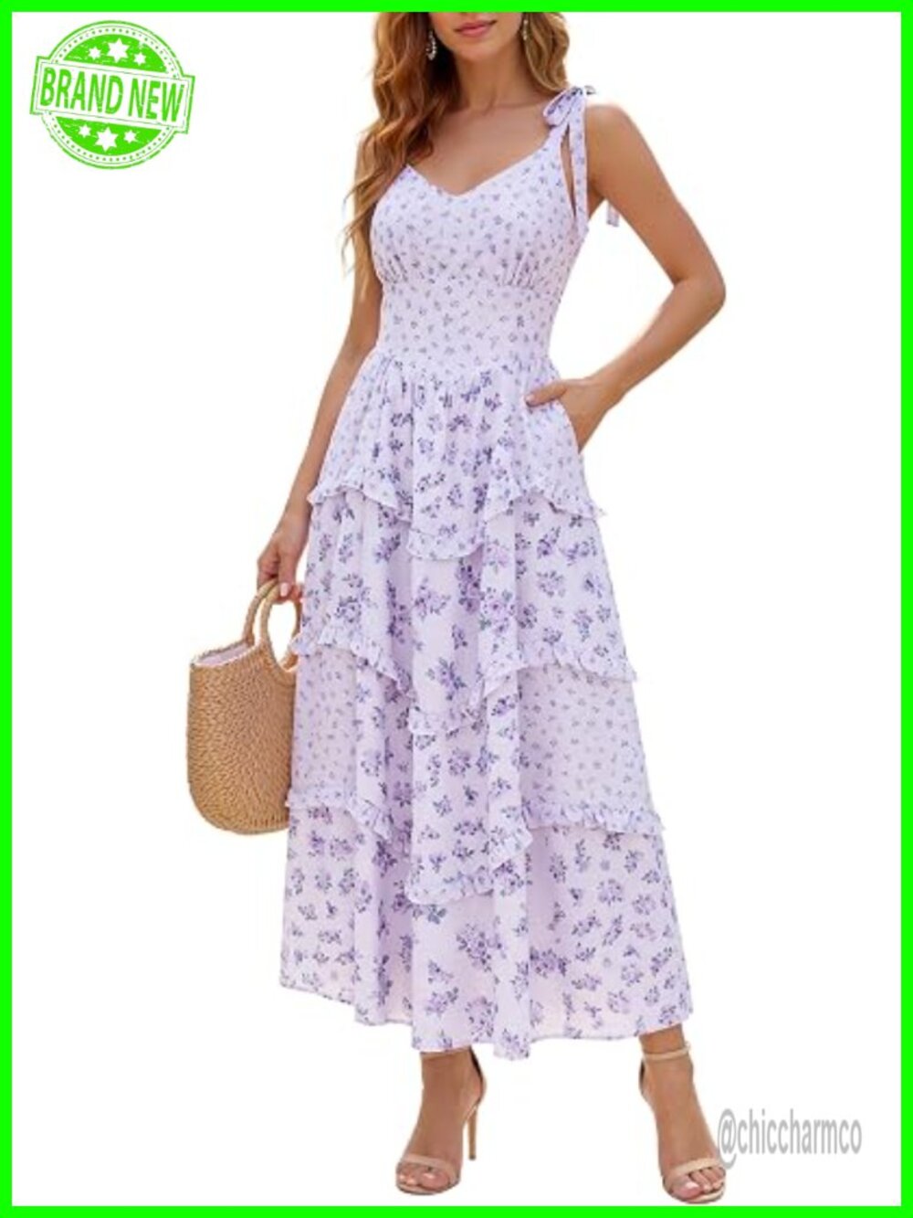 Sleeveless Tie Shoulder Tiered Ruffled Smocked Boho Flowy Maxi Dress with